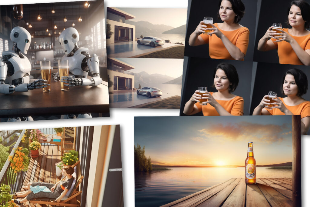 Collage mit verschiedenen vom KI-Tool Midjourney erstellten Bildern.